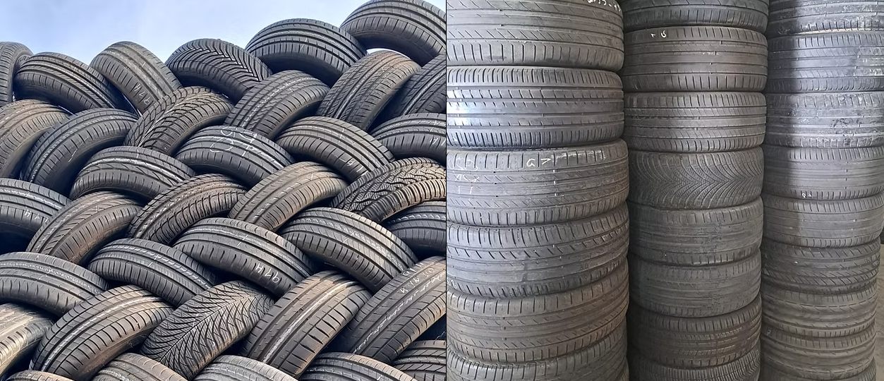 Stacks of used tires ready to load